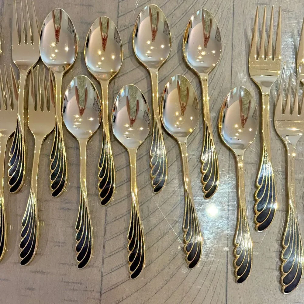 vtg Ranmaru Wave Golden silverware flatware cutlery Black gold knife spoon Fork